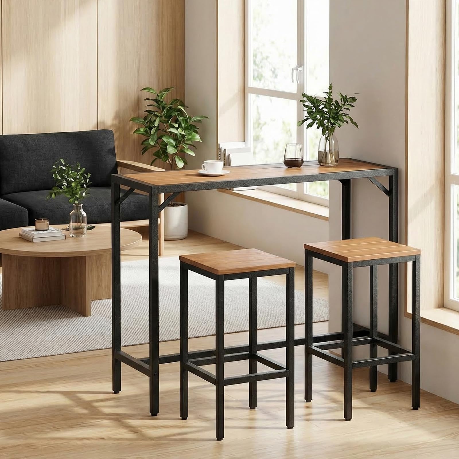 Table Haute de Jardin Clevich 120x38x98 cm Mange Debout Exterieur Plateau Étanche Pieds Réglables Hauteur Bois
