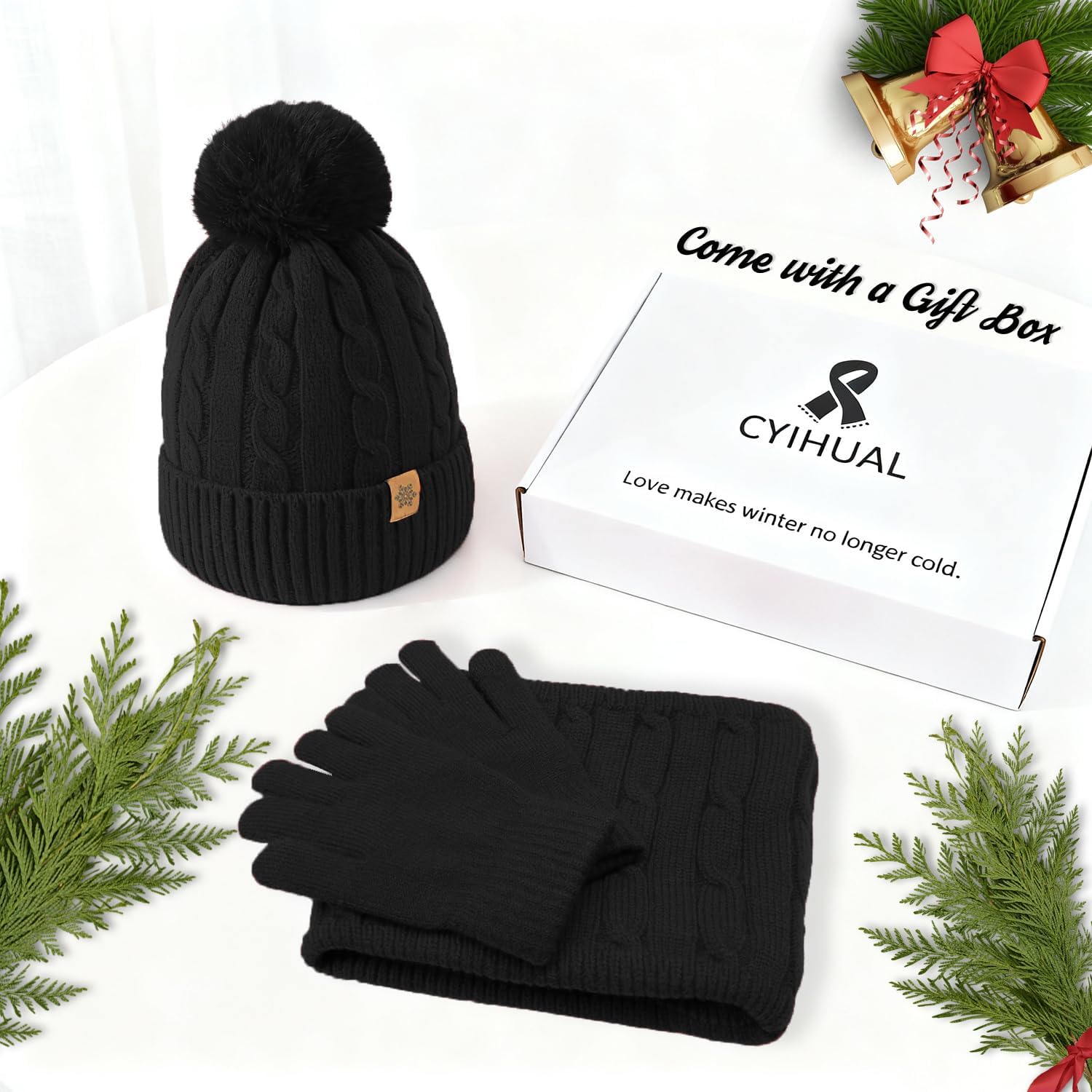 Cyihual Womens Winter Hat Gloves Scarf Set, Touchscreen Gloves, Fleece Lined Knit Beanie & Neck Warmer | 3 in 1 Set - Image 2
