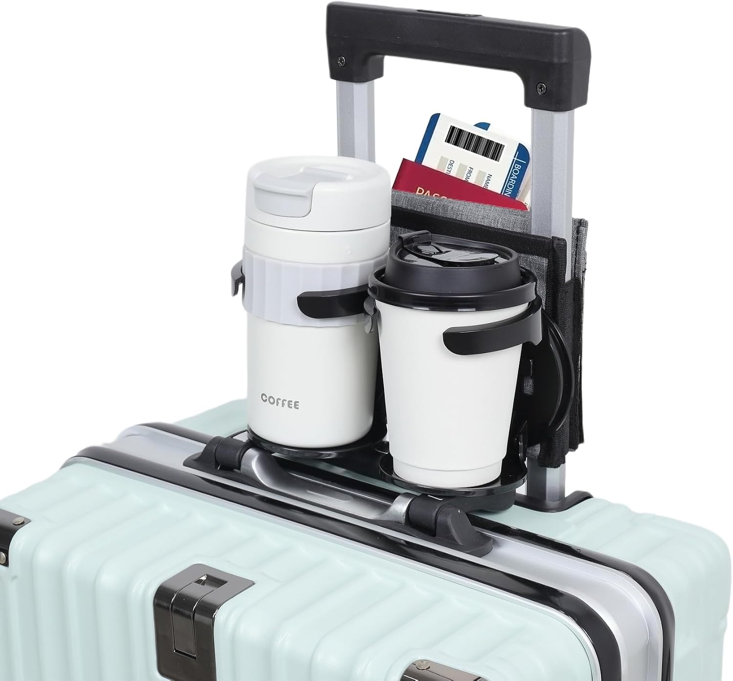 Luggage Travel Cup Holder, Folding Drink Caddy for Suitcases | Hold Two Coffee Mugs Traveler Carry on, Free Hands Suitcase Drink Carrier Accessory for Drinks, Beverages, Coffee, Bottles
