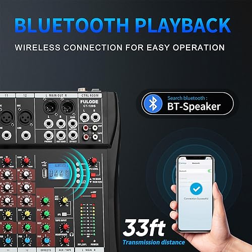 Miniatura 3 de FULODE CT120S mezclador de audio de 12 canales, consola con Bluetooth USB, mezclador de DJ, equipo de DJ para entrada de grabación de computadora,