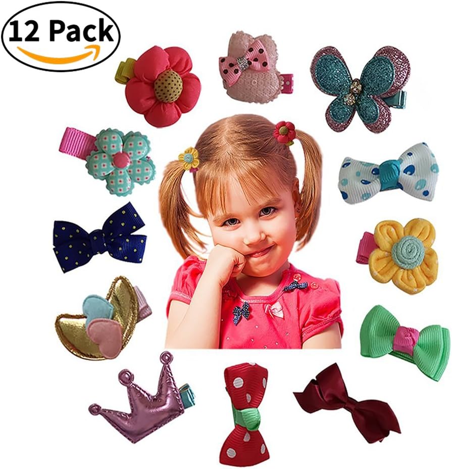 Hair Clips Barrettes Assorted Ribbon Bows Style C Series - 12 pcs of Uniquely Designed For Baby, Toddler, and Young Girls