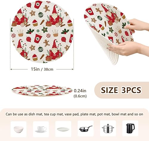 Miniatura 2 de 3 Pcs Kitchen Trivet Mat for Hot Dishes 15in Cotton Thread Weave Pan Pad for Instant Pot House Decor Christmas Gnome in Mug Gingerbread Cookies