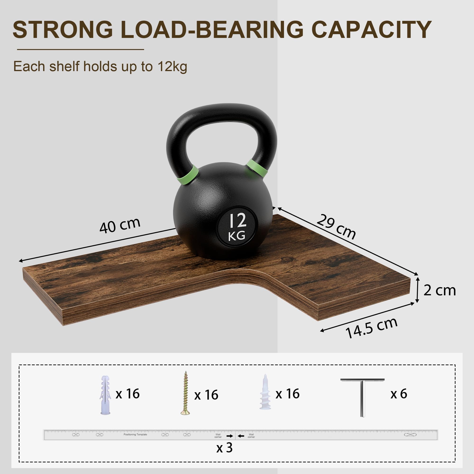 Wandregal Holz Eckregal HäNgend L-FöRmiger HäNgeregal Bilderleiste Schweberegal Regal KüChe GewüRzregal FüR Wohnzimmer Schlafzimmer Bad Flur BüRo Wand Deko,3er Set (Braun)