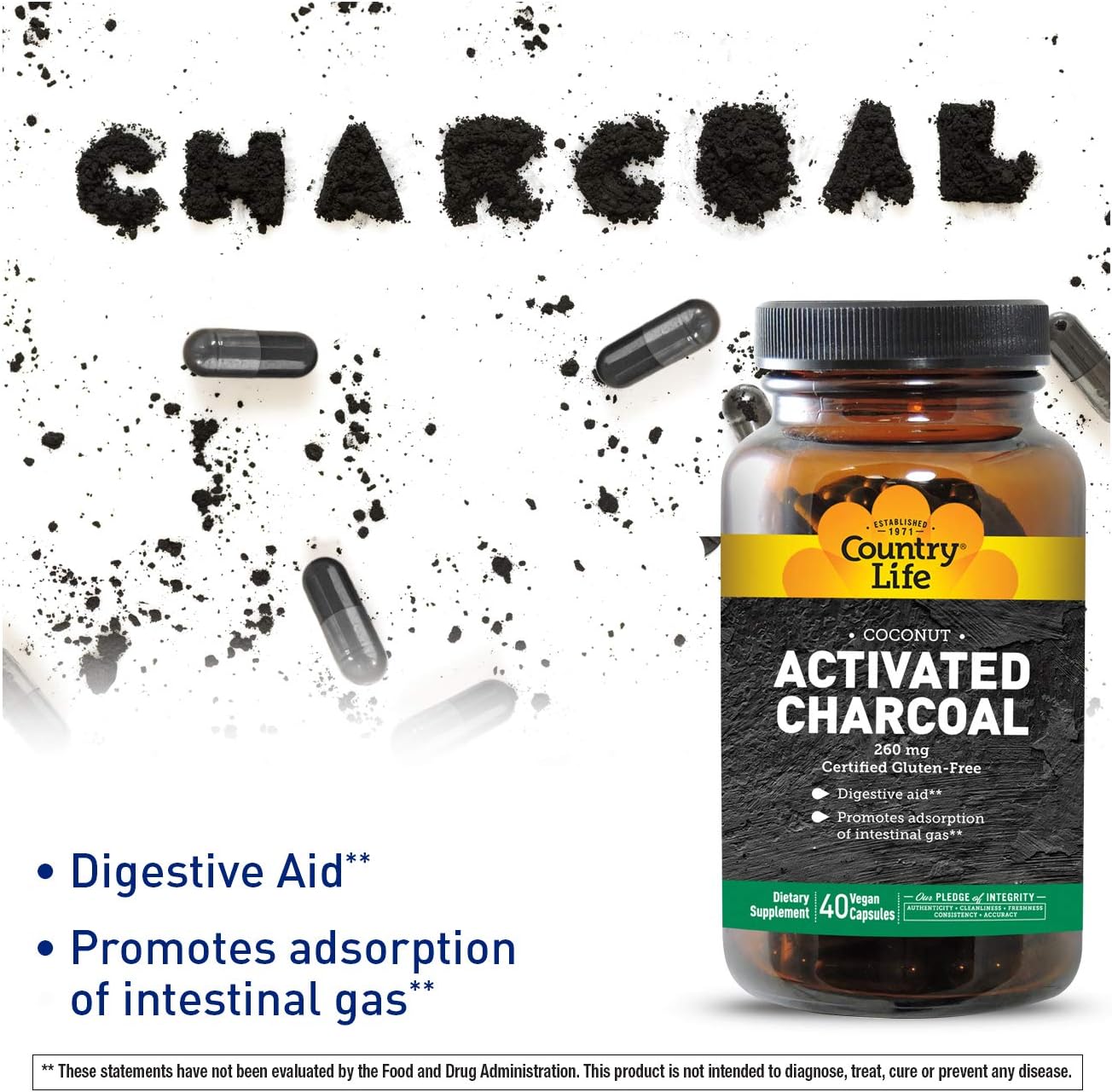 Country Life Natural Charcoal Capsules 260 mg, 40 Capsules : Health & Household