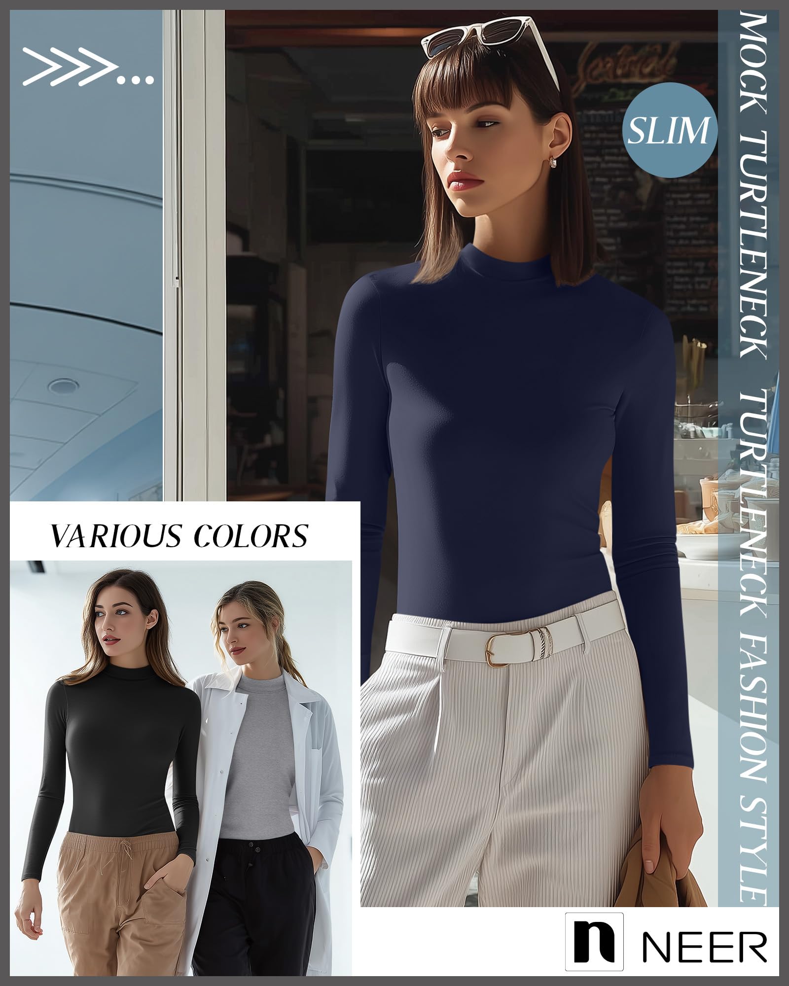 Neer Lot de 3 chemises à manches longues pour femme, col roulé, coupe ajustée, t-shirt basique pour infirmière