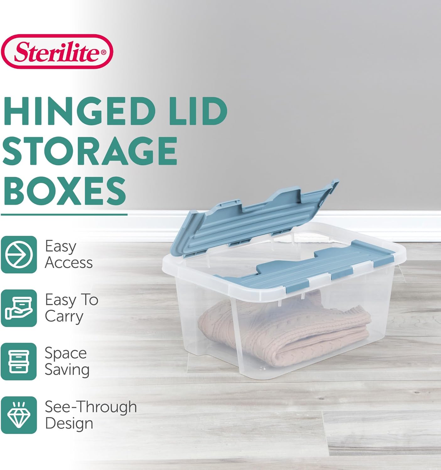 Sterilite 6 Pack Hinged Lid Storage Box, 20 Qt Plastic Container, Washed Blue - Home Organizer Tote for Storing Shoes, Crafts, Clothing, or Decor