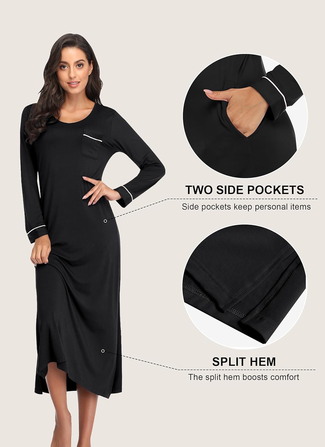 EA'S SECRET Nightgowns for Women Long Sleeve V Neck Nightshirts Soft Knit Sleepwear Full Length Loungewear with Pocket - Image 4