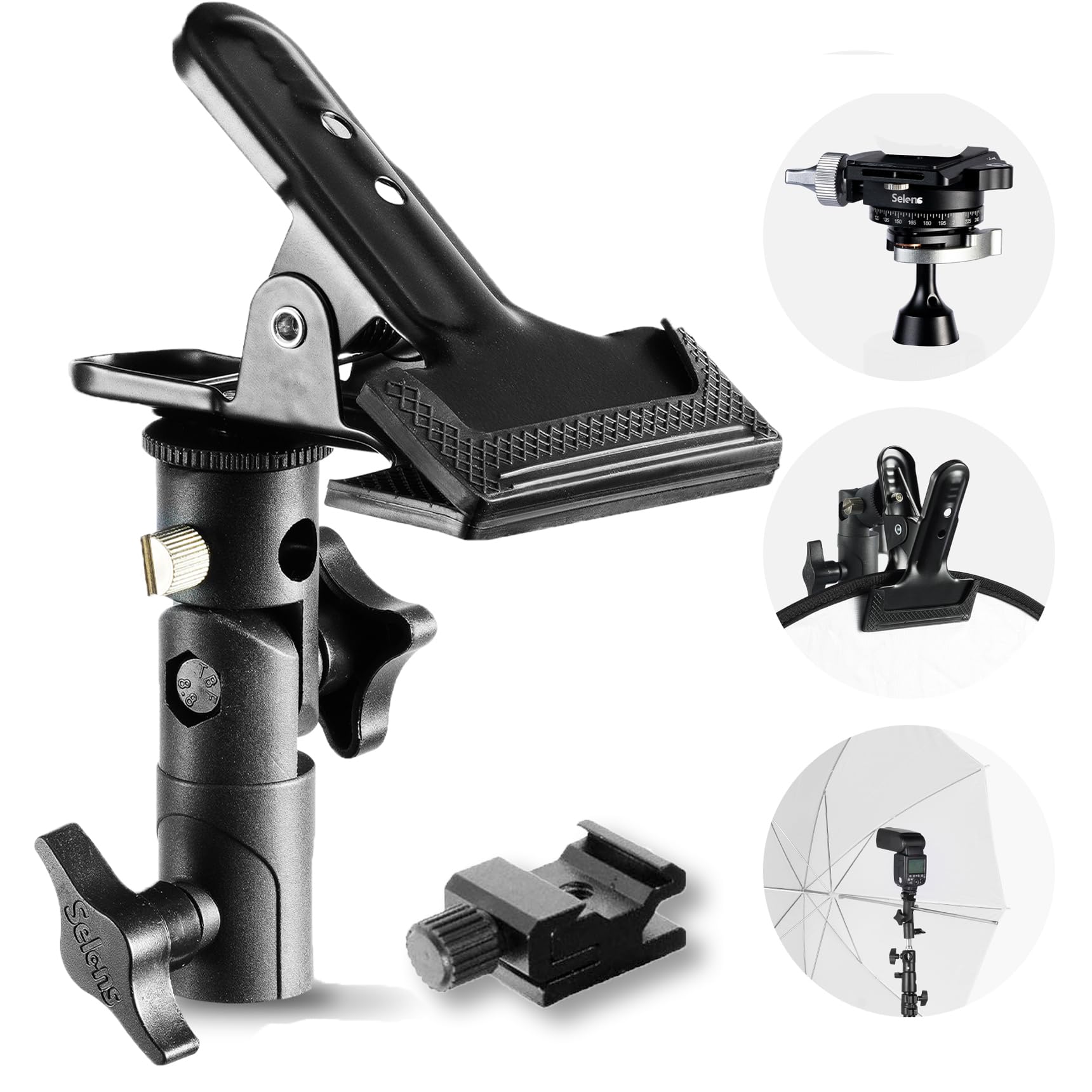 Selens Photography Reflector Clamp Holder Speedlite Hot Shoe Bracket with 1/4" & 3/8" Screw Mount with Photo Studio Light Stand, Lighting Umbrella
