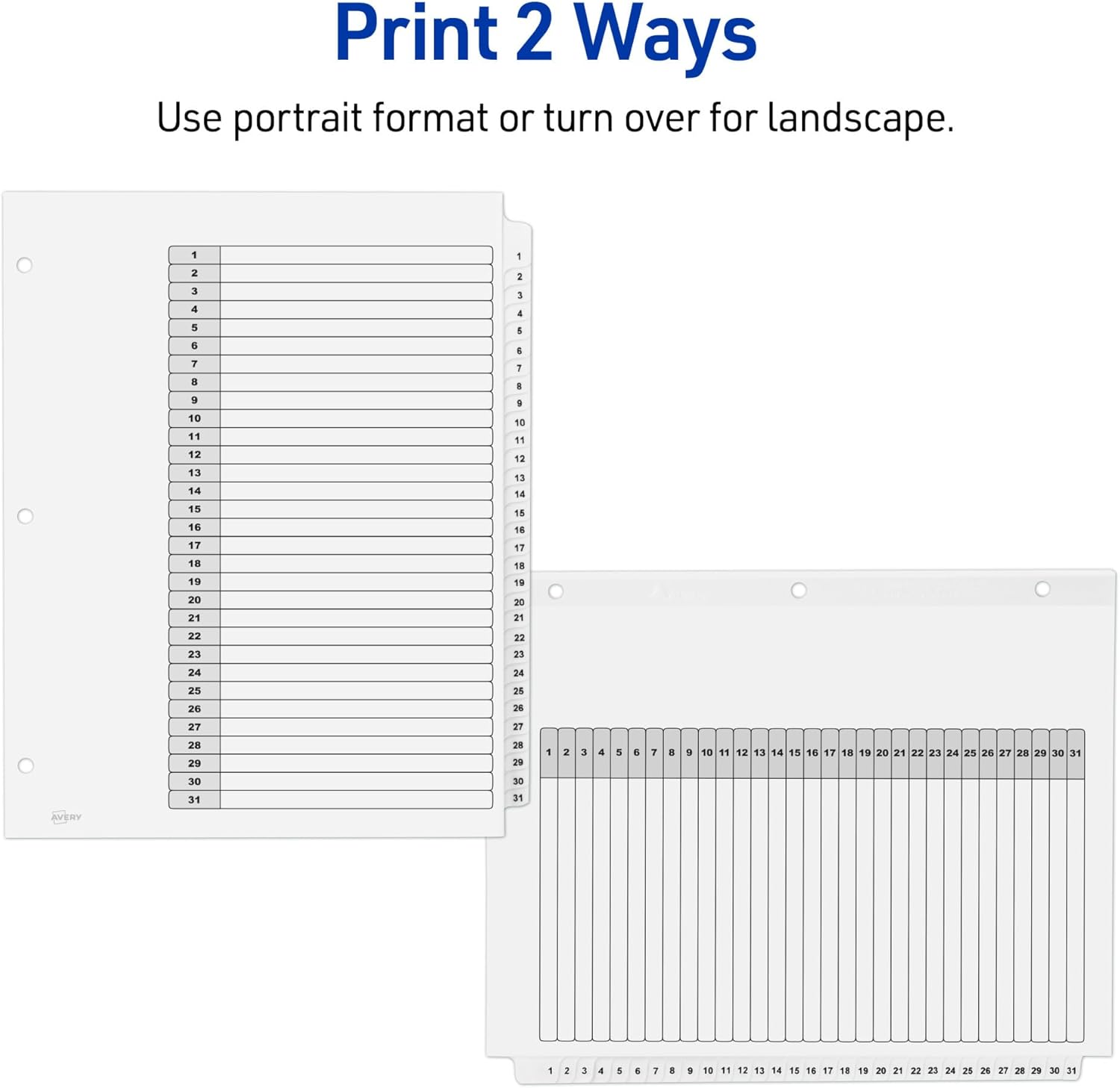Avery 1-31 Dividers for 3 Ring Binders, 31 Tabs per Set, Customizable Table of Contents, Classic White Tabs, Great for Organizing Reports, Projects, and More (6 Sets of 11827)