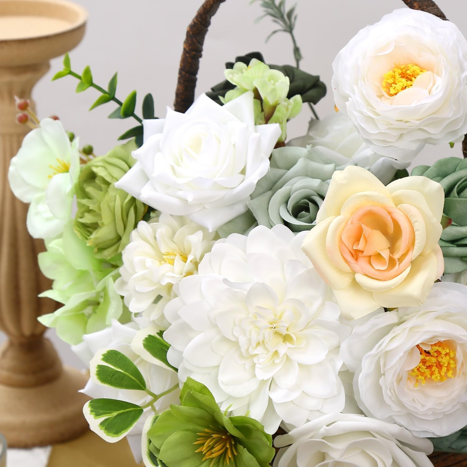 White & Green Artificial Flowers Combo Box Silk Fake Flower for DIY Wedding Bouquets,Wedding Decor, Outdoor Home Decor, Cake Flowers
