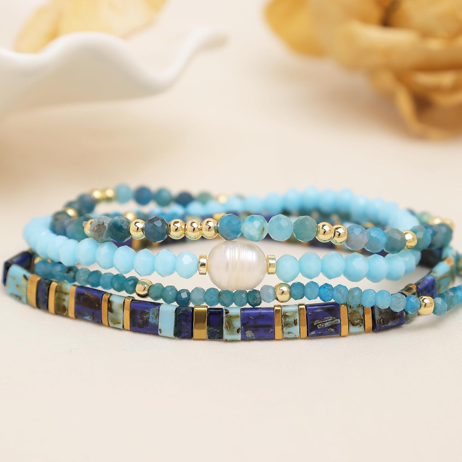 Tila Flat Beads Gemstone Stack Bracelets Set for Women, Boho Handmade Stackable Friendship Stretch Festive Holiday Accessories Jewelry Gift. - Image 4
