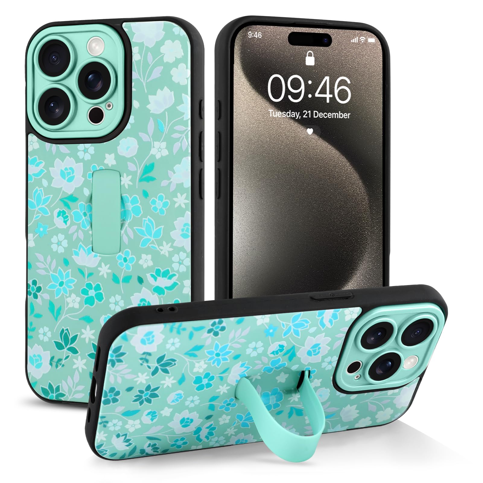 Jefonha Compatible with iPhone 15 Pro Case with Finger Hand Strap Kickstand, Cute Flowers Floral Phone Case for Girls Women Men, Full Camera