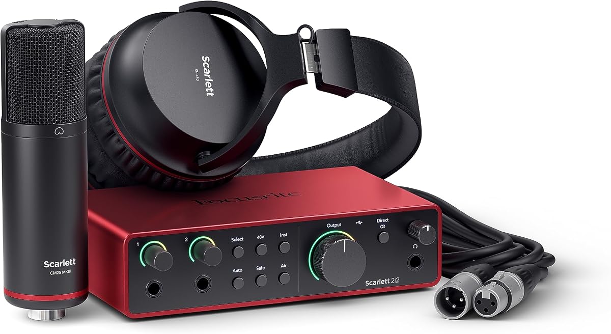 Focusrite Scarlett 2i2 Studio 4th Gen USB Audio Interface Bundle for the Songwriter with Condenser Microphone and Headphones for Recording, Streaming, and Podcasting (Renewed)