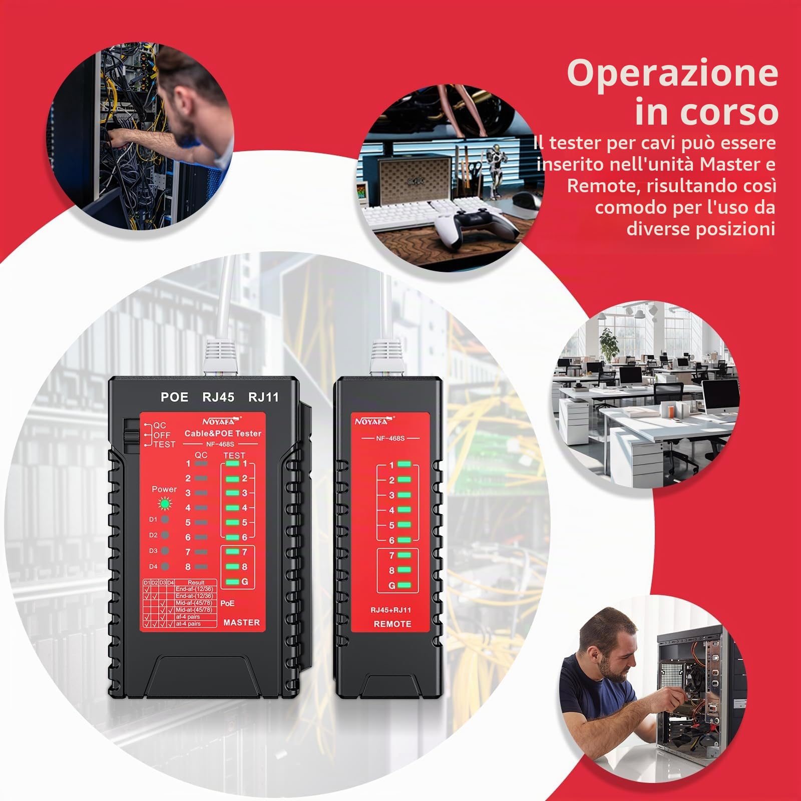 Noyafa NF-468s Tester per cavi di rete Ethernet, test di continuità RJ45, tester per cavi STP/UTP a estremità singola per RJ45, RJ11, RJ12, CAT5, CAT5E, CAT6, CAT6A, linea telefonica CAT3