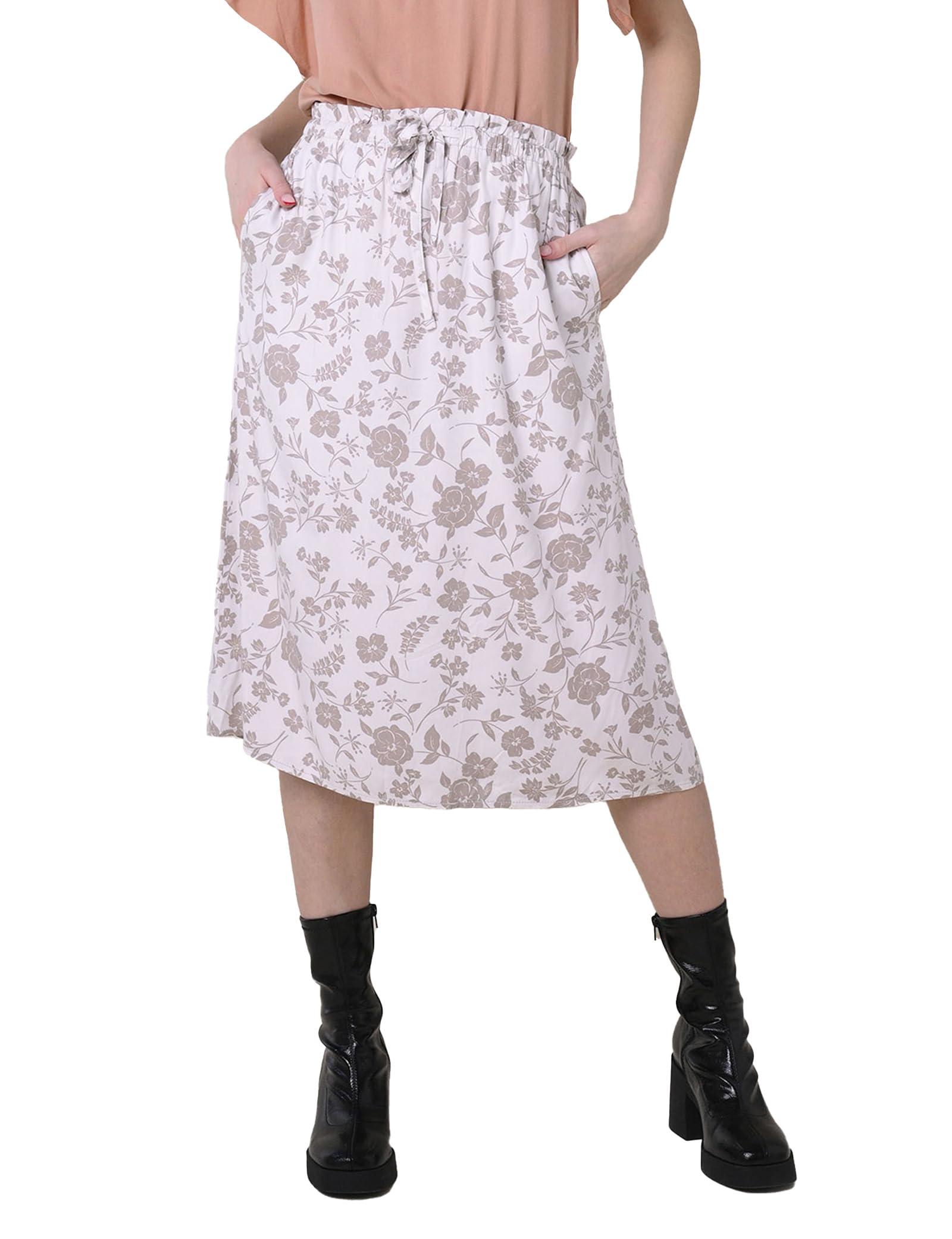 Enorsia White Viscose Linen Floral Print Flared Midi Skirt - Size 14