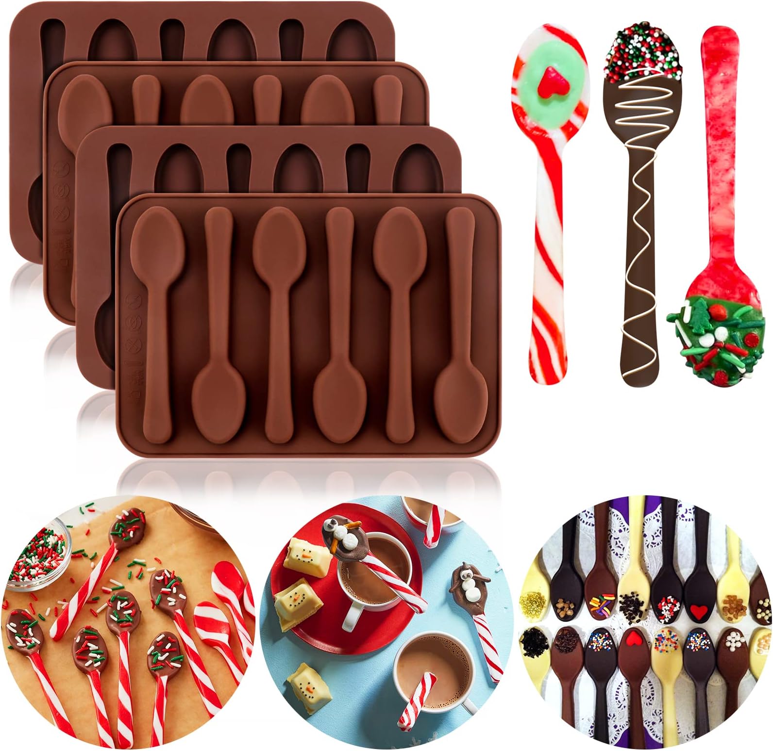 Hot Chocolate Spoon Molds Silicone, 4Pcs Candy Cane Spoons Mold, Peppermint Spoons Mold for Hot Cocoa Bomb Coffee Butterscotch Handmade Edible Stirring Spoons