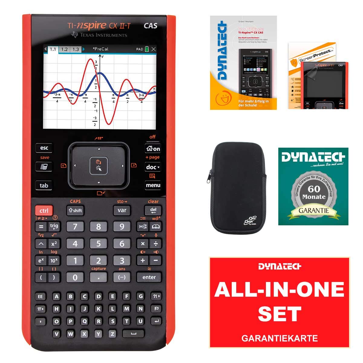 TI-Nspire CX II-T - CAS Grafikrechner Set Schulrechner Schule Uni + CalcCase Schutztasche Hülle Tasche Softy + Garantieverlängerung + Arbeitsbuch