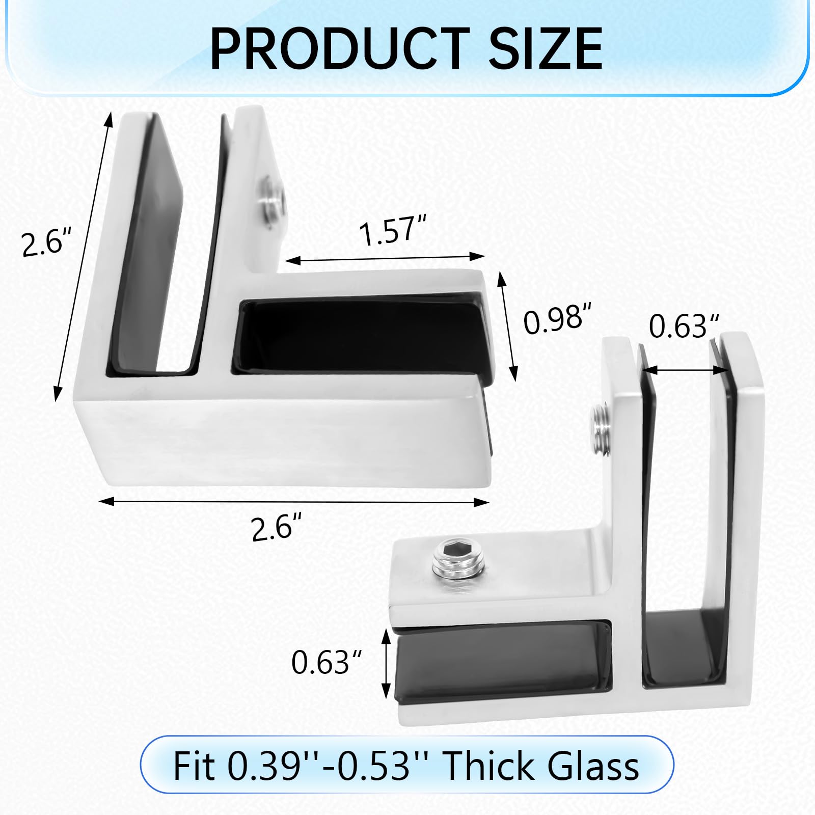 Paquete de 4 clips de acero inoxidable para estantes de cristal, 10 mm, 13,5 mm, soportes ajustables de 90 grados, para barandillas, balcones, escaleras, diseño moderno