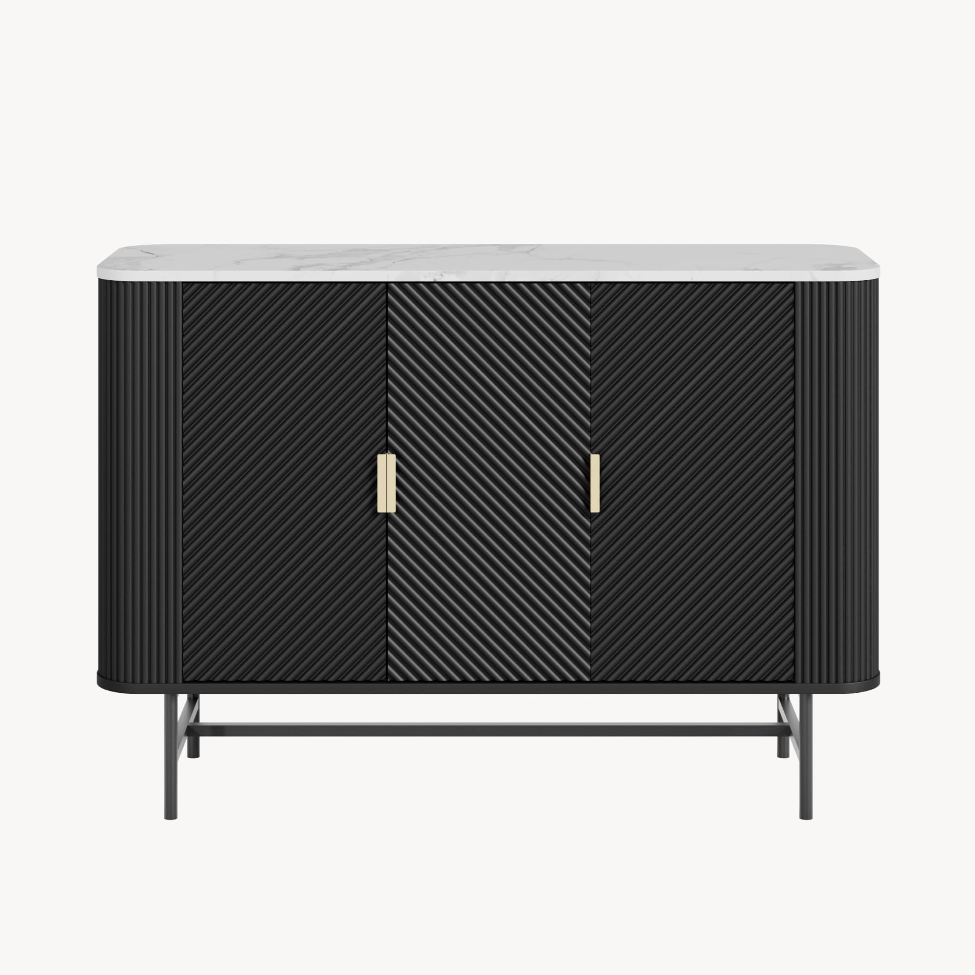 [en.casa] Mobile Contenitore a 3 Ante Credenza con 4 Scomparti e Pannelli Decorativi Madia Buffet con Ripiani per Soggiorno Sala da Pranzo Ingresso 110 x 40 x 77 cm - Nero/Effetto Marmo Bianco
