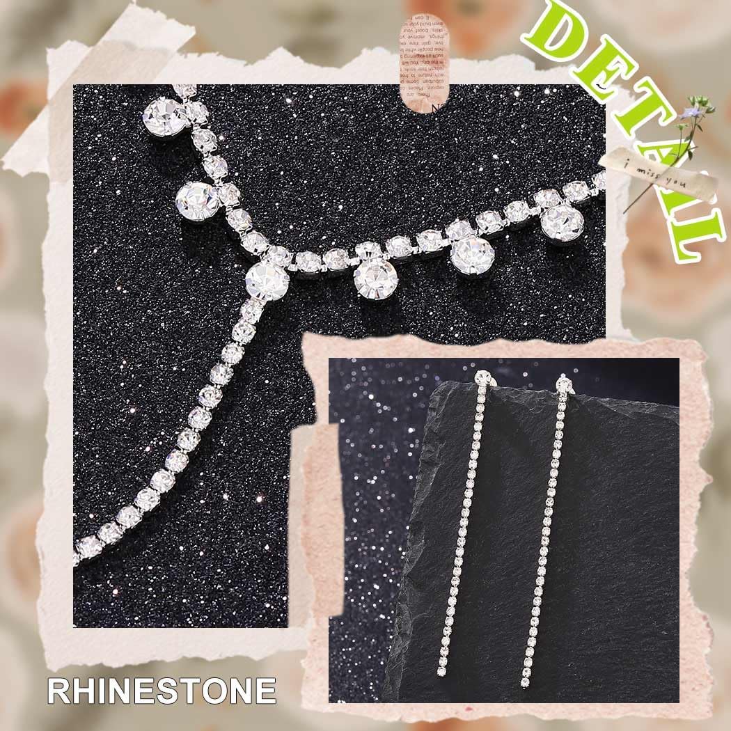 EVILD Long Silver Rhinestone Necklace and Earring Set Prom Bridal Wedding Jewelry Sets for Women - Image 4