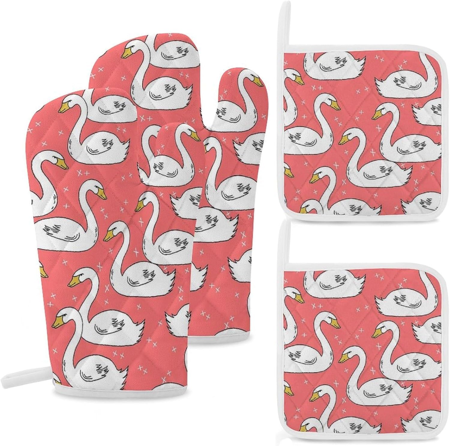 White Swans Oven Mitts and Pot Holders 4Pcs Set Heat Resistant Cooking Mitts Hot Pads