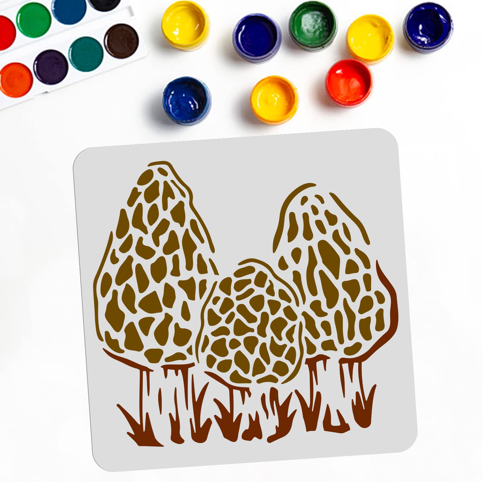 MAYJOYDIY Morel Mushroom Stencil Mushroom Painting Stencils Mushroom Grass Pattern 11.8×11.8 Inch Reusable Garden Stencils for Painting on Wood, Floor, Wall and Tile Decor