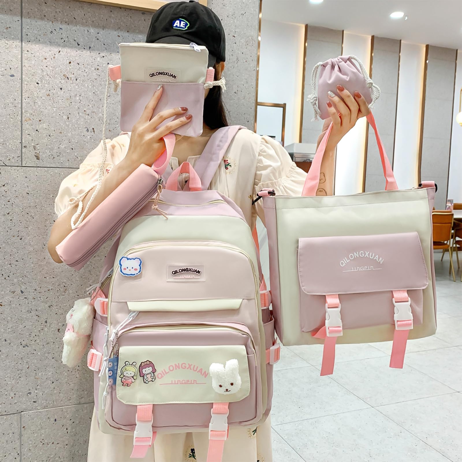IvyH Cartable Fille Primaire 5 pièces, Sacs à Dos pour Filles 8-16ans, Sets de Sacs Scolaires avec Sac à Provisions Trousse à Crayons, Sac à Dos Voyage Kawaii 45cm, Rose