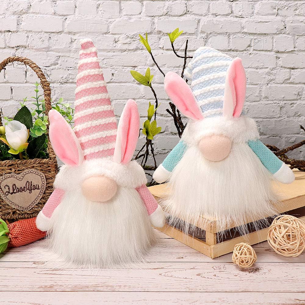HAUMENLY Easter Bunny Gnome Lights, Swedish Rabbit Tomte Spring Holiday Home Decorations, 11 x 4 Inches, Pack of 2 (Pink & Blue)