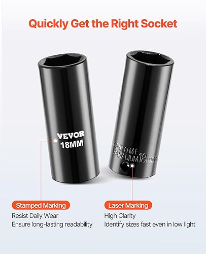 Miniatura 20 de VEVOR Juego de dados de impacto de 3/4 pulgadas, 29 piezas, enchufes de 6 puntos, construcción resistente, CR-M0, juego de llaves de vaso de 3/4