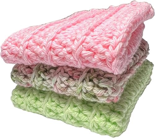 Miniatura 2 de Set of 3 Handmade Crochet Washcloths, 100% cotton washcloths, set of 3, Dish Towels, Dish cloths, Baby washcloths, linen, Lime, Pink and Pink Green