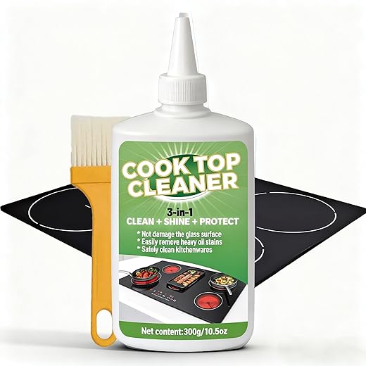 Glass Cooktop 3-in-1 Cleaner Kit, Removes Grease & Burnt-On Food, Safe for Gas, Induction, Electric Cooktops & Air Fryers, Stove Top Polish and Shine, Multi-purpose Cleanser (300g) (1)