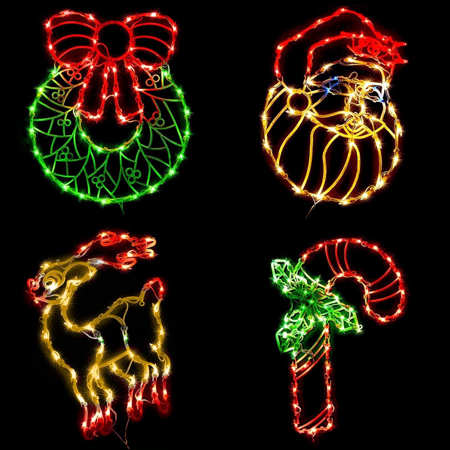 Lighted Christmas Decorations for Windows, Pack of 4 Plug-in Christmas Wreath Reindeer Santa Claus and Candy Cane Window Silhouette for Holiday New Year Winter Indoor Hanging Lights Decor Cane & Wreath & Santa & Reindeer