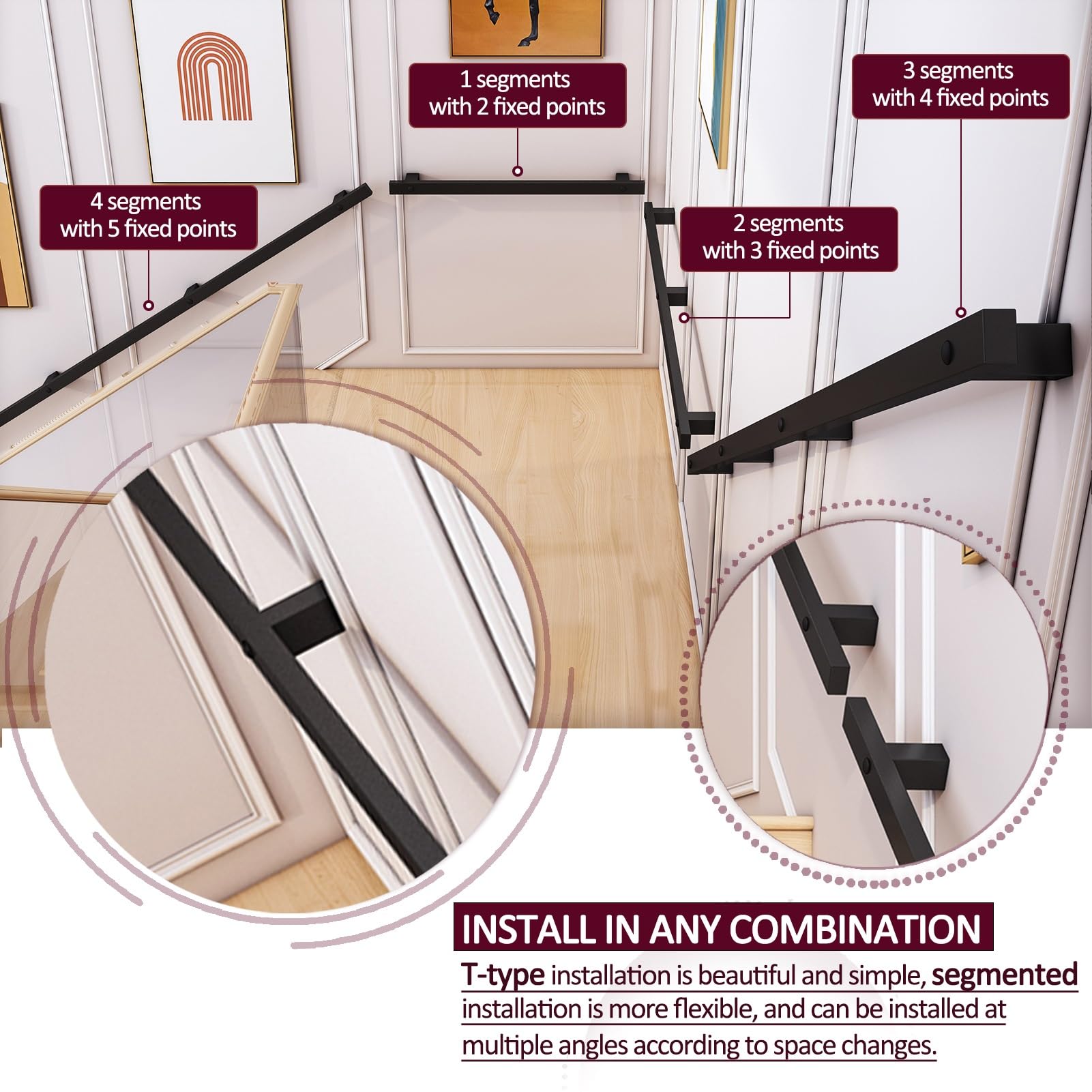 Stabiles Eisen für Treppen – 180 cm Treppengeländer-Set mit Wandhalterungen und Metallschrauben – langlebig, verstellbare Unterstützung für sicheres Klettern und Absteigen