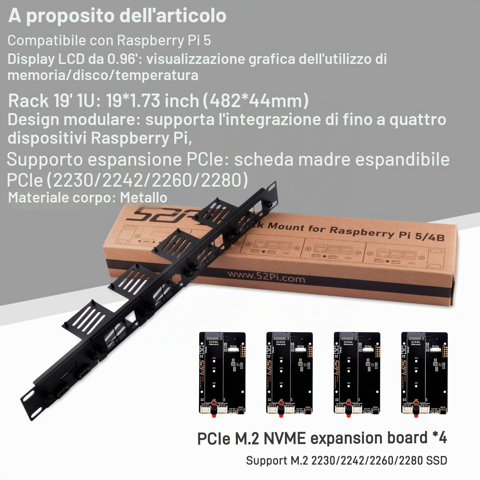 GeeekPi Supporto rack 1U da 19" per Raspberry Pi 5, con 4 adattatori SSD PCIe a M.2 NVMe, display OLED, può contenere fino a 4 schede Raspberry Pi 5, compatibile con server rack da 19"