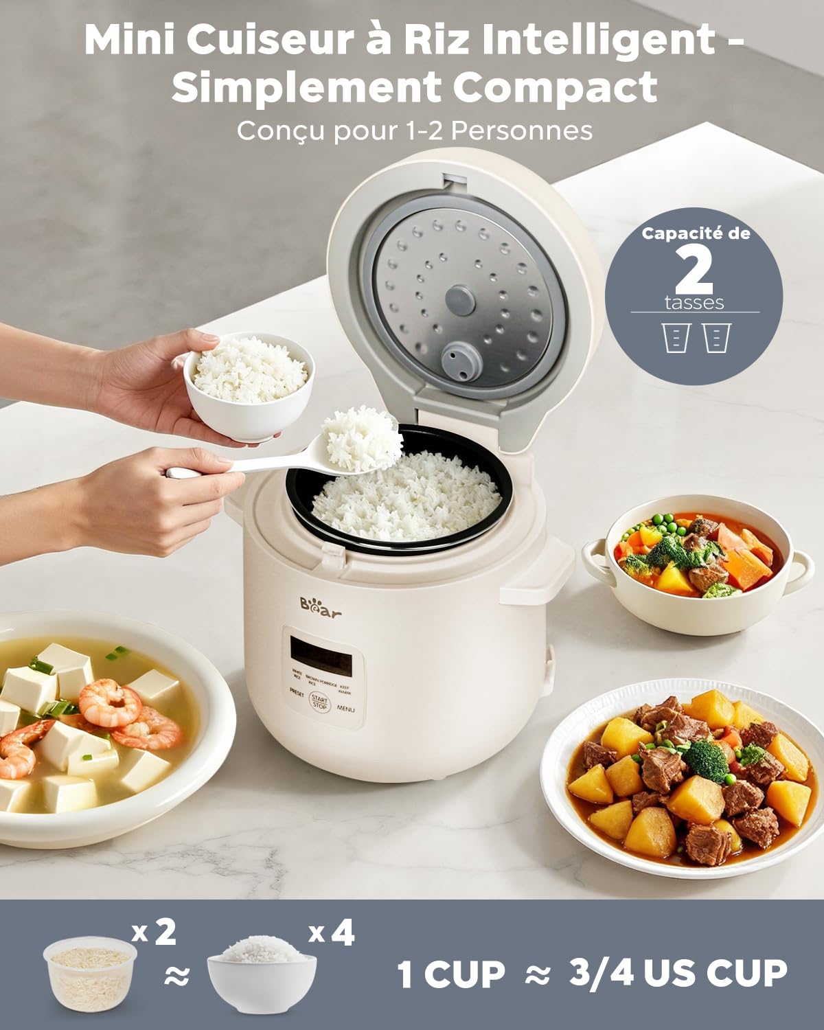 Bear cuisinière à riz 2 tasses non cuite, multifonctionnelle 300W cuisinière à riz électrique avec fonction de maintien au chaud, fonction préréglée Mini cuisinière à riz électrique, gris