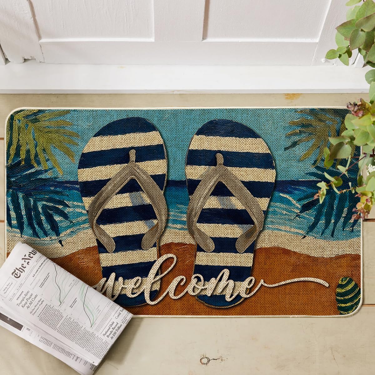 Artoid Mode Beach Flip-Flops Coconut Trees Summer Doormat, Seasonal Summer Holiday Yard Floor Switch Mat for Indoor Outdoor 17 x 29 Inch
