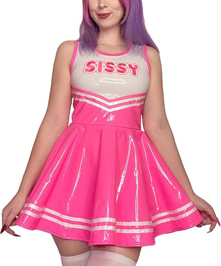 Littleforbig Women Metallic Rave Sleeveless Overall Cheer Sissy Faux Leather Shiny Bodycon Mini Dress Skirt