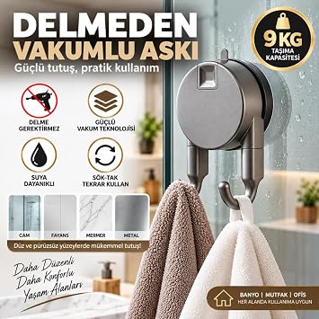 Vakumlu Havlu Bornoz Askısı 9 KG Çift Kancalı Delmeden Montaj Banyo Mutfak Duvar Askısı