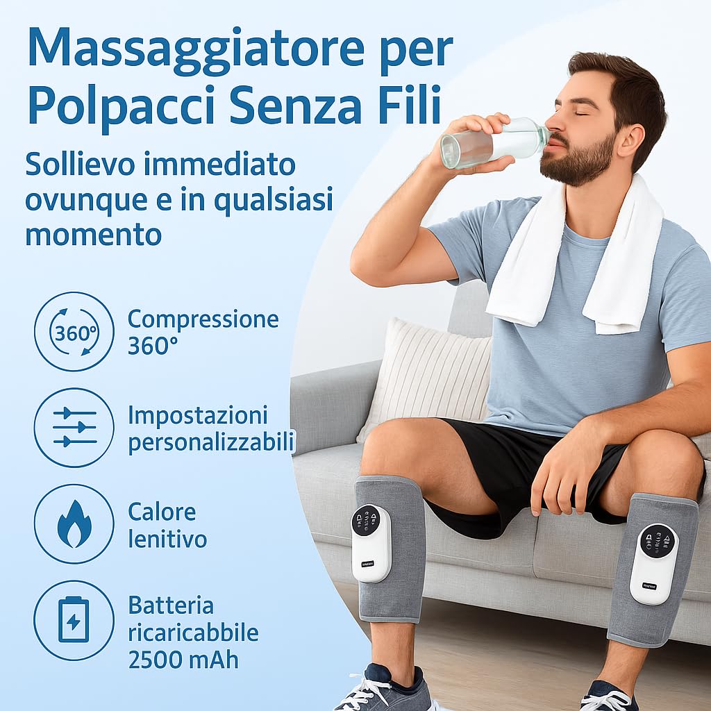 Massaggiatore Polpacci Elettrico a Compressione - Pressoterapia con Calore per Gambe Leggere, Sollievo da Gonfiore, Stanchezza e Relax - Dispositivo Portatile Ricaricabile (1 Unità)