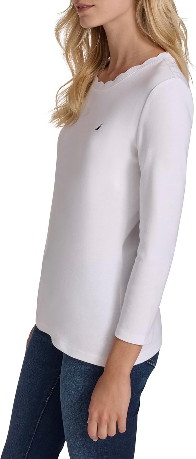 Nautica Womens 3/4 Sleeve Length Cotton Solid Scalloped Knit Top - Image 3