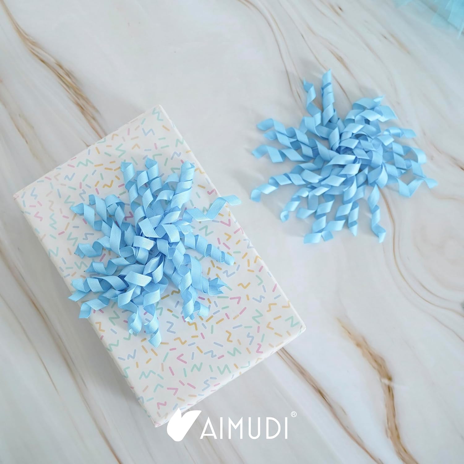 AIMUDI Blue Curly Bows 4" Baby Blue Burst Bows Self Adhesive Curly Ribbon Bows for Gift Wrapping Grosgrain Ribbon Twist Tie Bows for Treat Bags Gift Bags Baby Shower Party Decorations - 6 Counts - Image 5