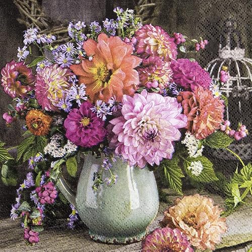 20 servilletas de dalia en jarrón de flores | flores | verano | otoño | manualidades | neutral | atemporal | decoración de mesa | decoupage | decoupage | decoupage | servilletería 33 x 33 cm Cover