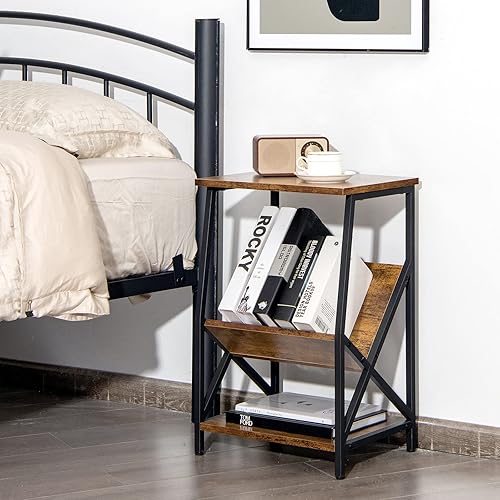 Miniatura 2 de Tangkula Mesa auxiliar industrial, mesa auxiliar de 3 niveles con estante para revistas, marco de metal, parte superior resistente a los arañazos,