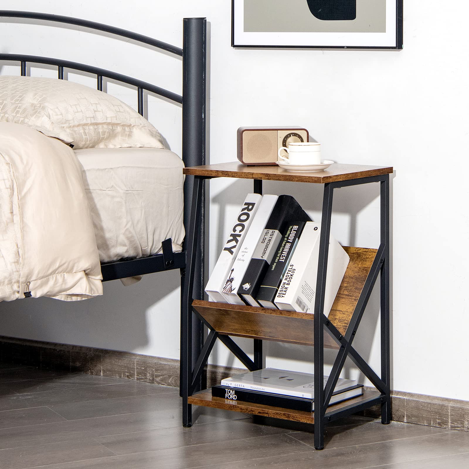 COSTWAY Table d'Appoint Industriel 3 Niveaux avec Porte-revues en Métal