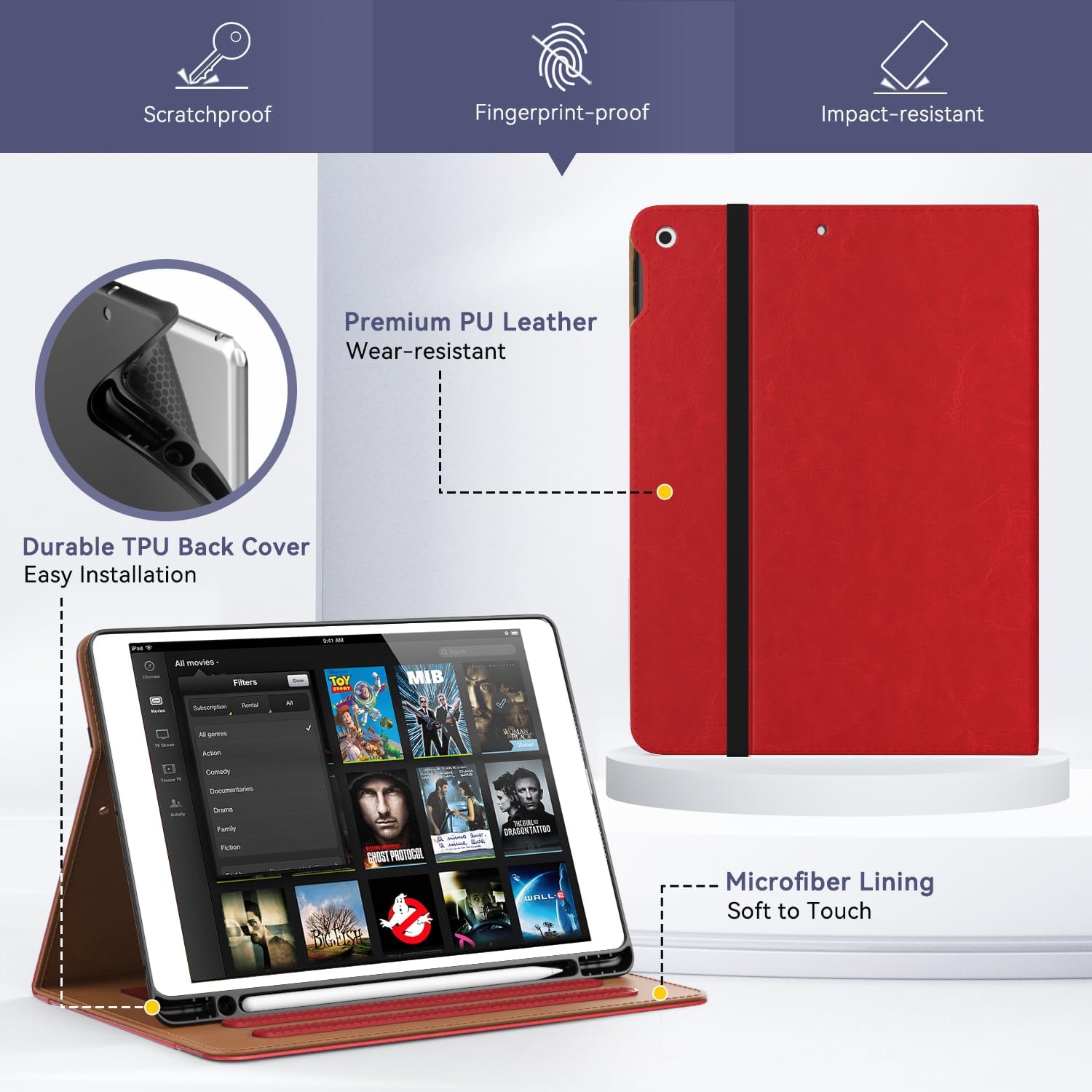 OKP Case for iPad 9th Generation 2021 / 8th Generation 2020/ 7th Gen 2019 10.2 inch Case with Multi-Angle Viewing PU Leather Flio Stand Cover with Pencil Holder & Pocket, Auto Sleep/Wake, Red