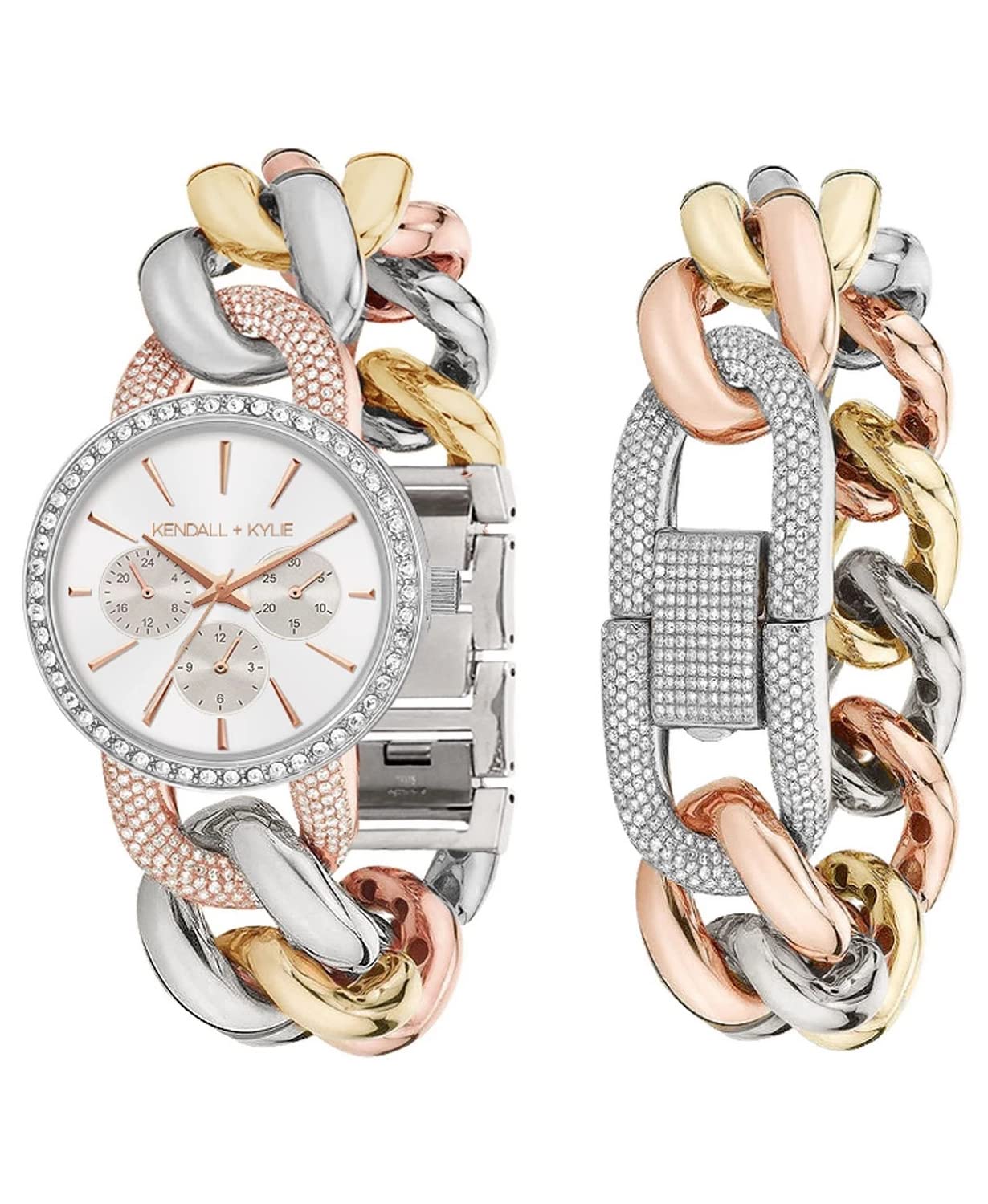 KENDALL + KYLIELadies Quartz Movement Large Open-Link Crystal Embellished Watch and Bracelet Set