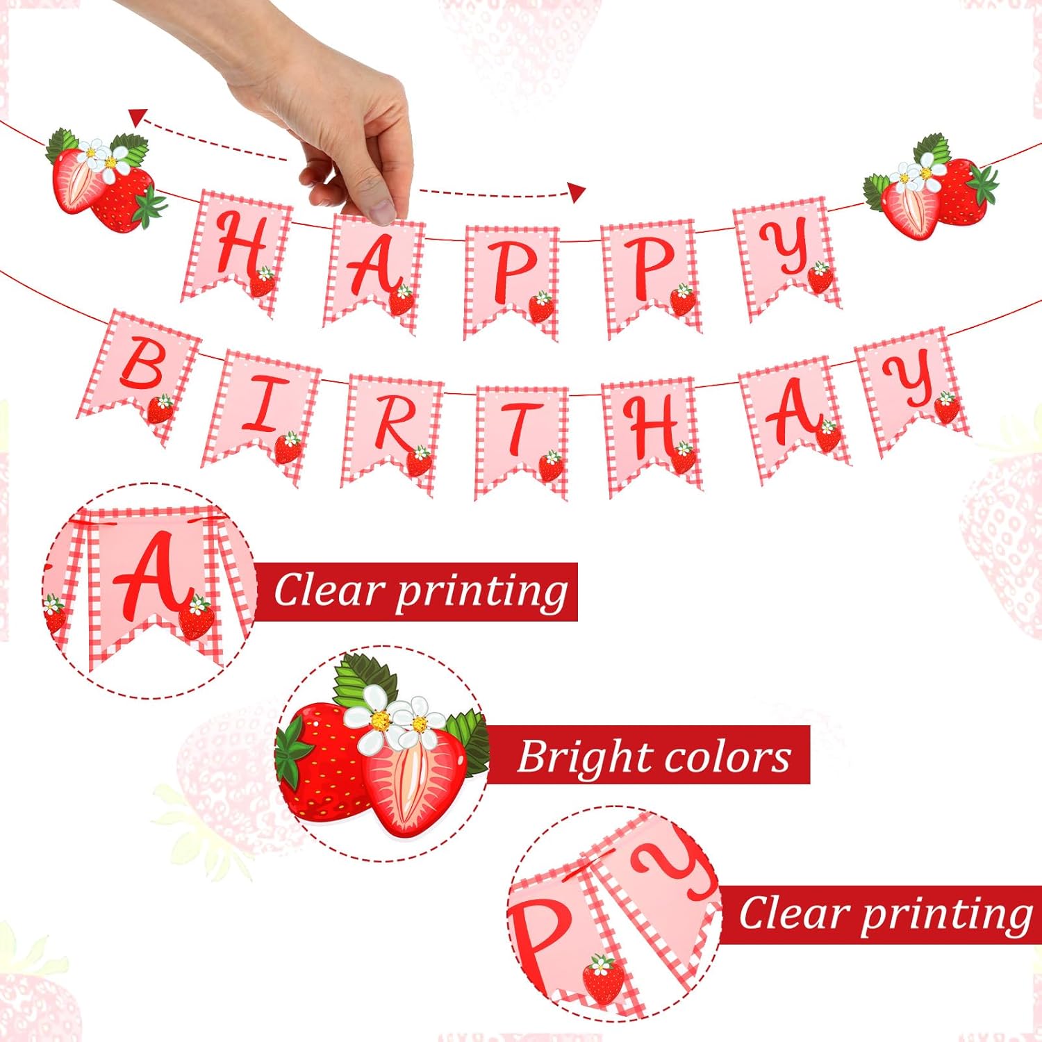 Strawberry Happy Birthday Banner, Red Pink Paper Garland, Strawberry Themed Party Decorations for Birthday Party, Baby Shower, Wedding - Image 3