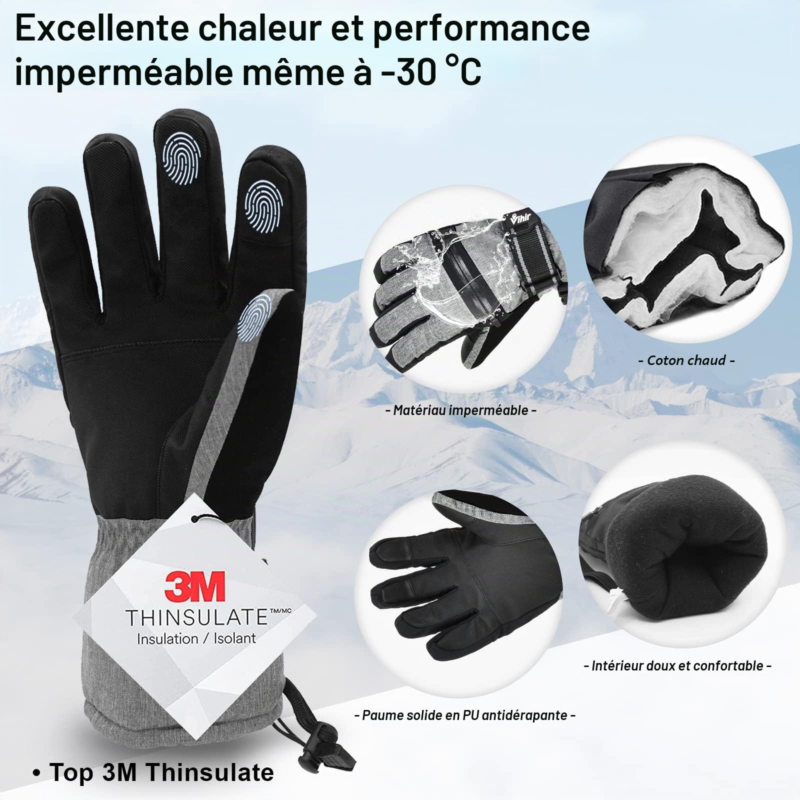 Vihir Gants de Ski d'hiver pour Homme et Femme, Gants Thermiques 3M Imperméables, Gants de Cyclisme Chauds, Vent Respirant Antidérapant Idéal pour Ski Snowboard Course Cyclisme