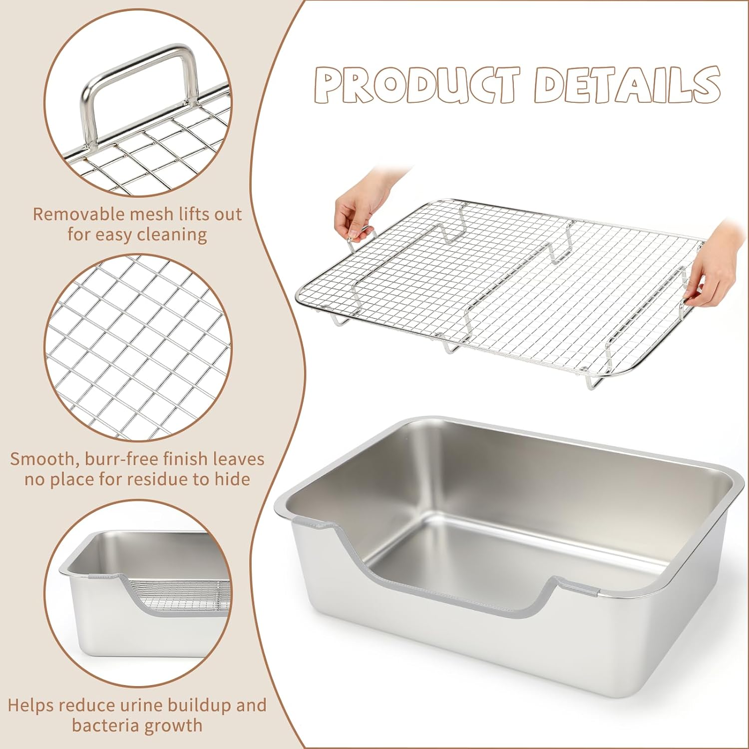 BWOGUE Extra Large Rabbit Litter Pan with High Sides, Stainless Steel Litter Box for Bunny, Metal Rabbit Toilet Tray with Hay Feeder & Water Dispenser for Small Animals, Easy to Clean, Odor Control