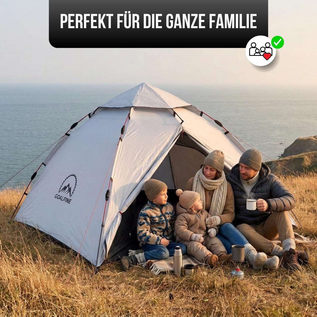 GOALPINE® Atlas IV Wurfzelt Pop-up Zelt für 2-4 große Personen, 100% Wasserdicht, in 40 Sekunden aufgetellt, 3 in 1 für Camping, Festival & Strand, Innen Leicht Verdunkelt